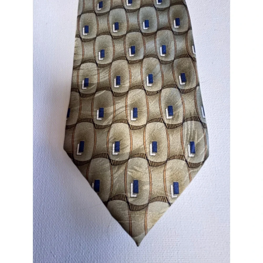 Vintage Marquis Mens Silk Necktie Olive Green Gold Blue Geometric‎ Tie